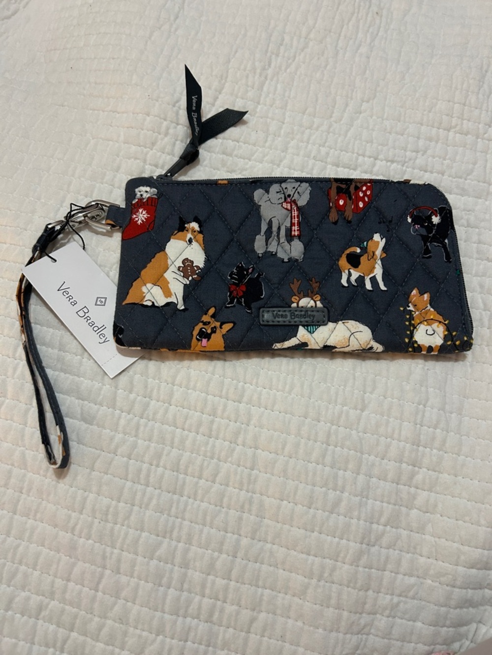Vera Bradley Quilted Wristlet - Dark Gray/Navy with Multicolor Dog Print